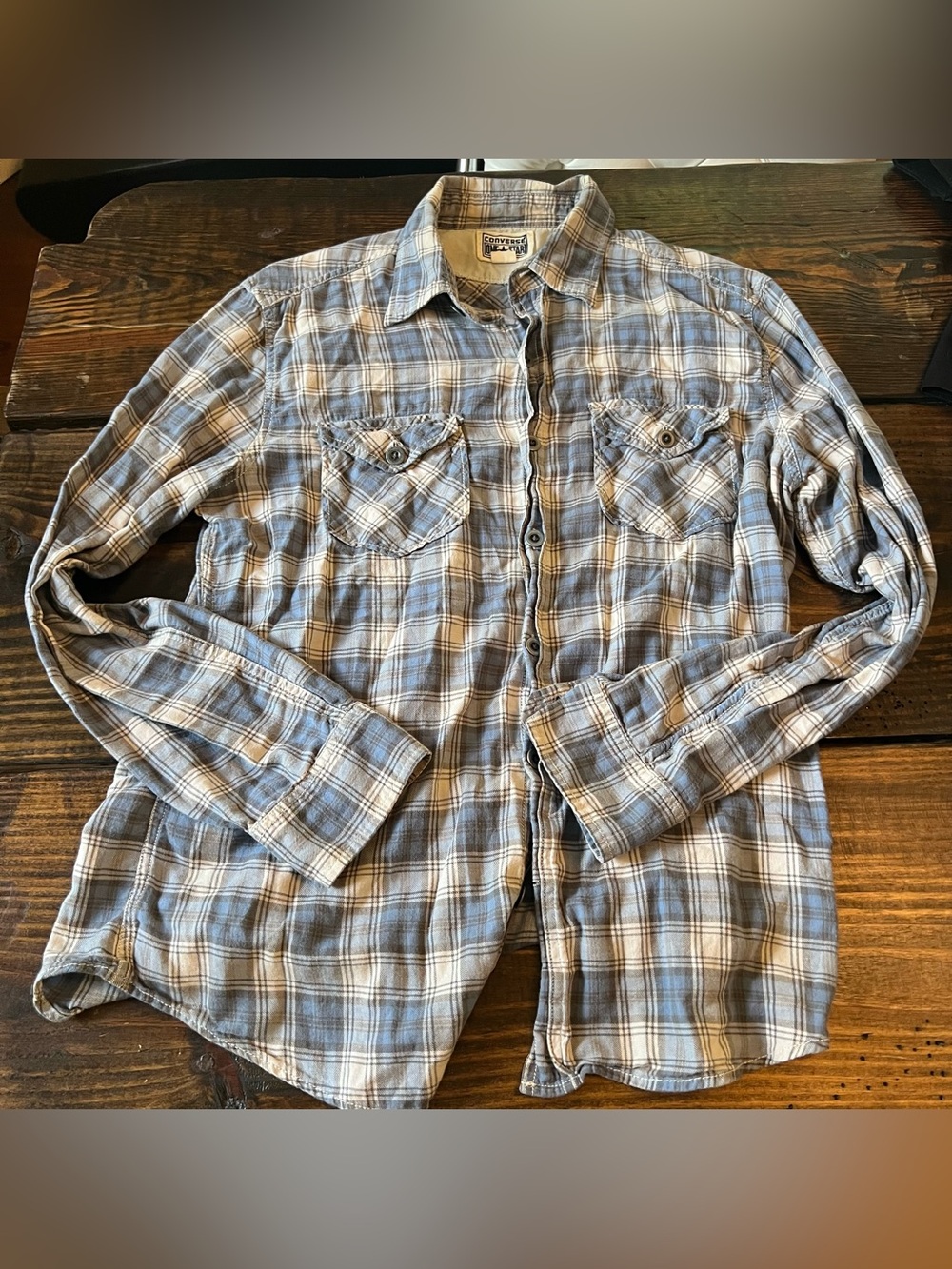 Mens Converse One Star Cotton Blue White Plaid Long Sleeve Button Down shirt M